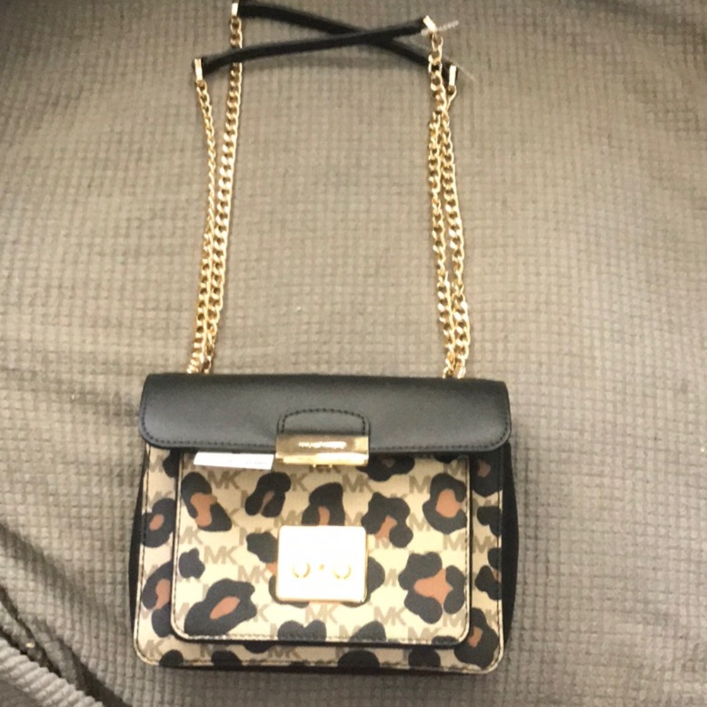Michael Kors Black and Brown Crossbody Bag with Gold Hardware